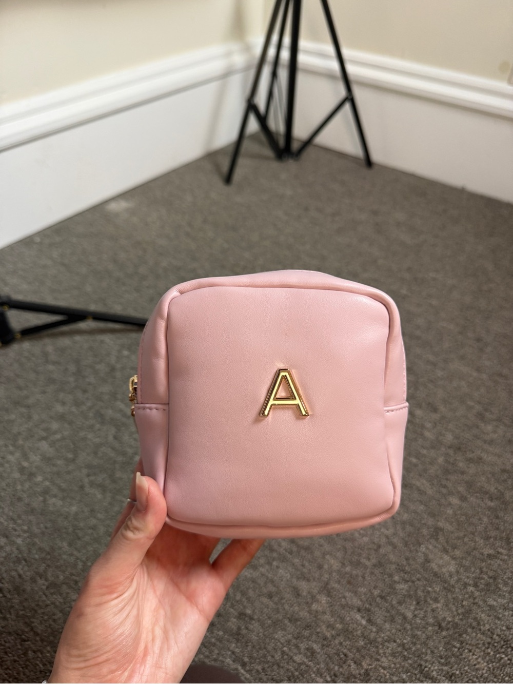 Pink Mini Square Crossbody Bag with Gold 'A' Accent